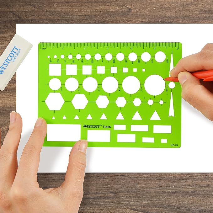Westcott T-816 All-Purpose Technical Drawing Template, Plastic Shape Template Tool, Green, 4.5 by 6 in