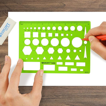 Westcott T-816 All-Purpose Technical Drawing Template, Plastic Shape Template Tool, Green, 4.5 by 6 in