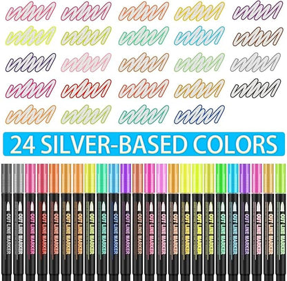 Shimmer Markers Double Line Outline Markers, 24 Colors Squiggles Shimmer Outline Markers Pen Set for Drawing Art School Supplies, Glitter Markers Set for Cards Lettering, Gift for 4-12 Year Old Girl