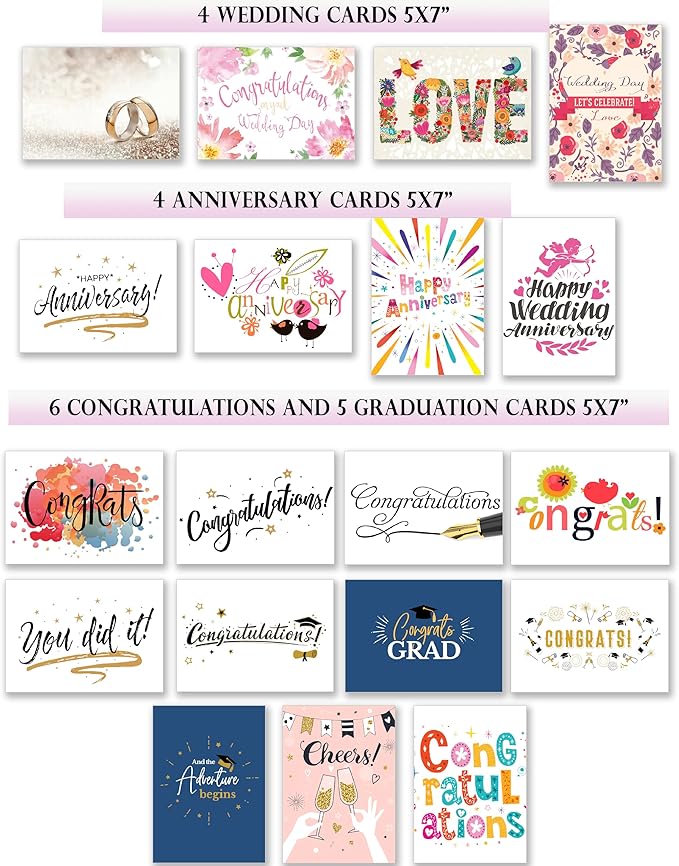 100 All Occasion Cards Assortment Box with Envelopes and Stickers - Large 5x7 Inch Bulk Greeting and Blank Notes, 100 Unique Designs