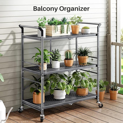 Rolling Utility Cart Folding Cart with Wheels - 3 Tier Collapsible Metal Cart, Large Capacity