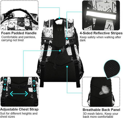 MNSRUU Laptop Backpack with Chest Strap, Black Cat School Backpack, Travel Hiking Backpack for Boys Girls Teen Adult, Rucksack, Knapsack