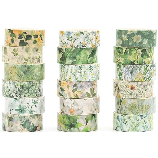 18 Rolls Blossom Washi Tape Set Floral Arts Adhesive Tapes Flowers Garden Decorative Masking Tape Sets for Craft, Kids, Scrapbook, DIY, Gift Wrapping (Emerald Vines)
