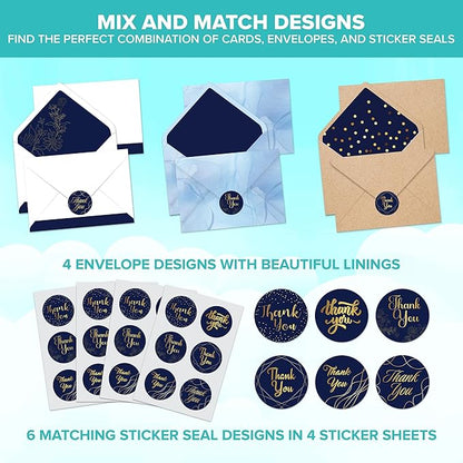 Decorably 24 Pack Gold-Foiled 6x4in Blue and Gold Thank You Cards with Envelopes and Stickers, 24 Stylish Designs Navy Thank You Cards, Blank Inside - Birthday, Wedding, Anniversary