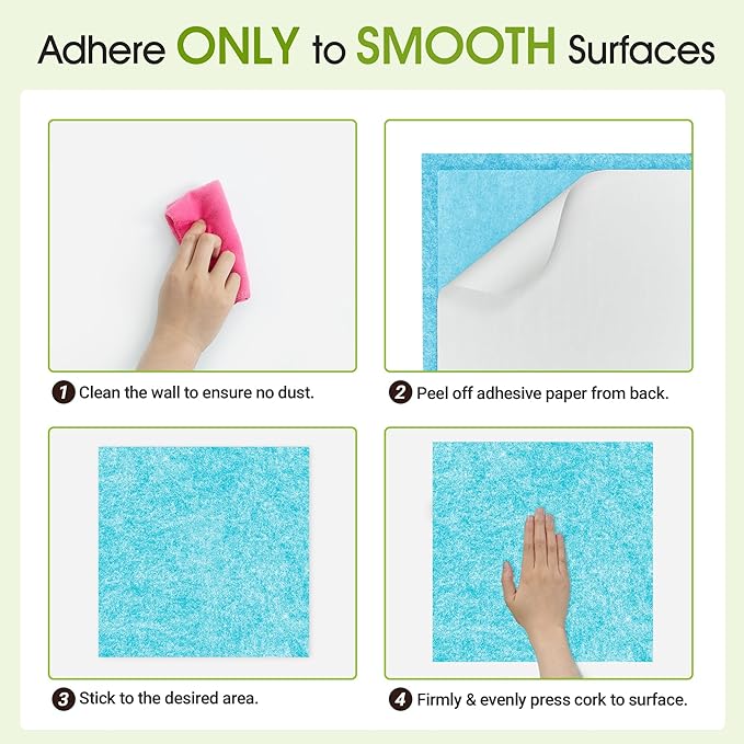 AKTOP Cork Bulletin Board 12x12, 1/2" Thick Felt Cork Board Tiles 12 Pack, Small Square Pin Board for Wall, Self Adhesive Corkboards with 120 Push Pin Wood Clips for School, Home & Office, Baby Blue