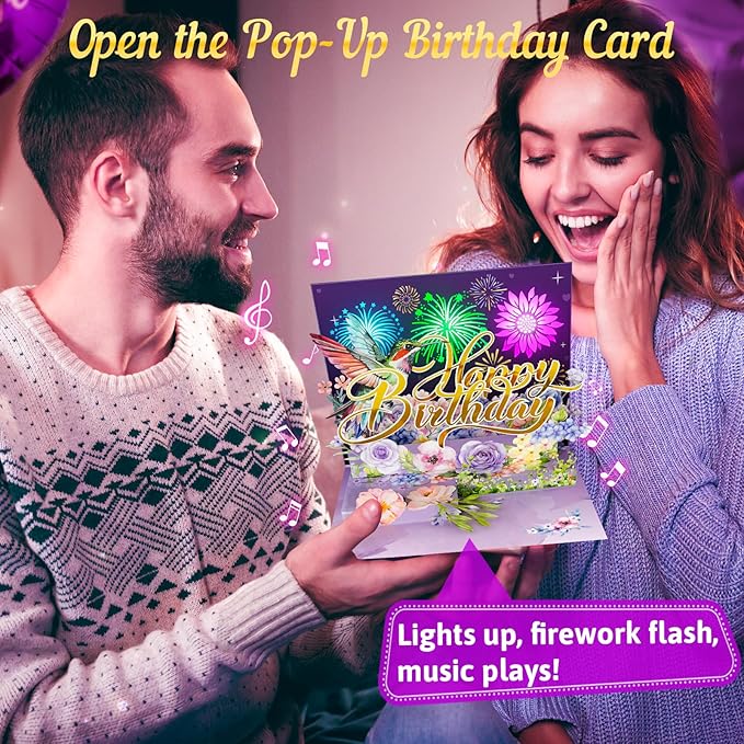 Birthday Card, Musical Pop Up Birthday Cards w Firework Lights, Play Happy Birthday Music Pop Up Card, Greeting Cards Gifts for Him or Her, Hummingbird