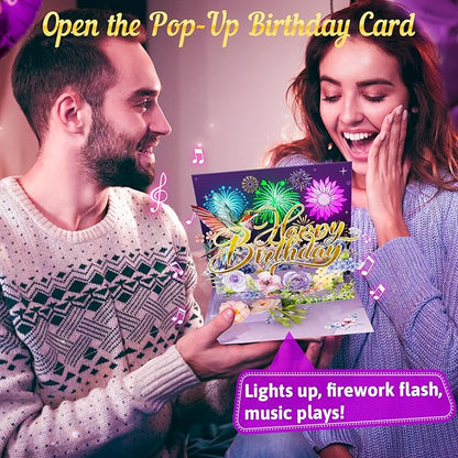 Birthday Card, Musical Pop Up Birthday Cards w Firework Lights, Play Happy Birthday Music Pop Up Card, Greeting Cards Gifts for Him or Her, Hummingbird