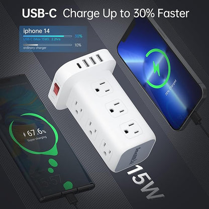 16.5FT Long Extension Cord,Power Strip Tower Surge Protector Power Strip with USB 12 Outlets with 4 USB Ports (1 USB C), Flat Plug Multi Plug Outlet Extender Overload Protection for Home Office