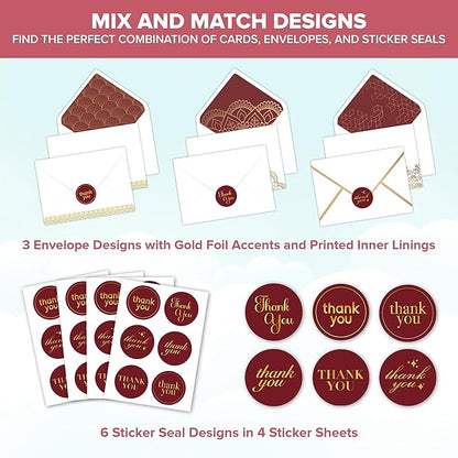Decorably 24 Pack Gold-Foiled 6x4in Red Thank You Cards with Envelopes and Stickers, 6 Elegant Designs Red and Gold Thank You Cards, Blank Inside - Wedding, Holidays
