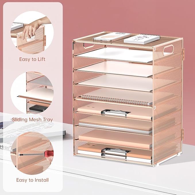 DALTACK 9-Tier Paper Letter Tray Desk Organizer with Handles, Mesh File Holder Organization, File Organizer for Desk Paper Sorter for Office Home School, Gold Rose