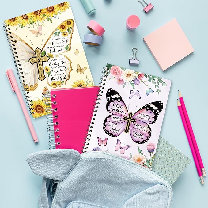 2Pack A5 Floral Cross Butterfly Religious Spiral Notebooks - God Says You Are Bible Verse Ruled Hardbound Journal Writing Hardcover Notebooks Christian Christmas Gift Sunday School Supplies