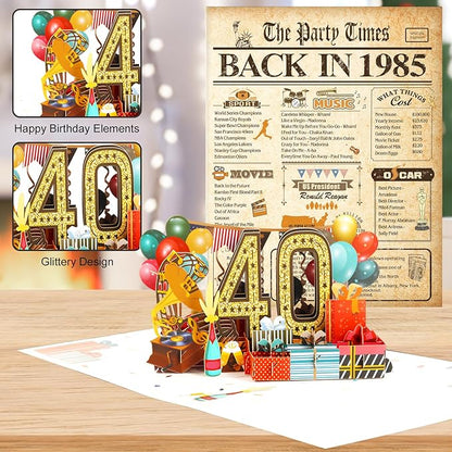 40th Birthday Card for Men Women, 3D Pop Up 40th Birthday Gifts Cards for Him Her, Back In 1985 Funny 40 Year Old Birthday Decorations, Classy Vintage