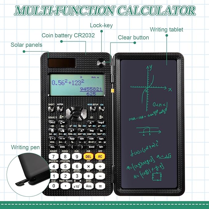 Scientific Calculators with LCD Writing Tablet Math Calculator for School Solar Powered Calculator Small Calculator with Notepad for Middle High School Student(991ES, 417 Functions)