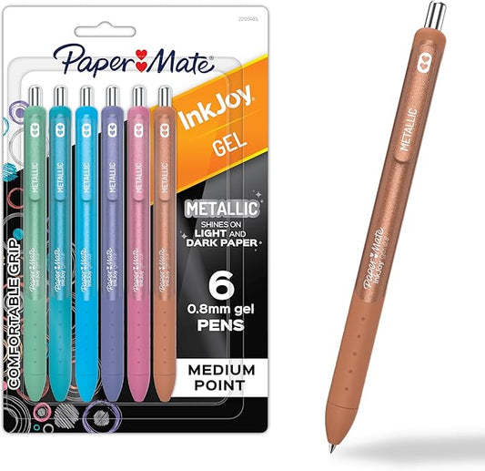 Paper Mate InkJoy Gel Pens, Metallic Pens, Retractable, Medium Point, (0.8mm) Assorted Colors, 6 Count
