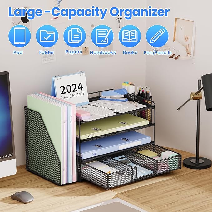 Desk Organizers and Accessories, Desk Accessories & Workspace Organizers for Office Supplies, File Organizer Desk Drawer Organizer with 2 Pen Holders, 4 Tier Paper Organizer for Desk(Black)