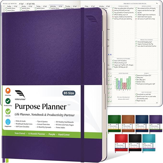 Purpose Planner Notebook B5 7.5”x9.8” Undated Daily Planner 2024-2025 Daily Weekly and Monthly Productivity Goal Setting Tool for Work Home ADHD Planner for Adults Self Care Journal (Purple Hardcover)