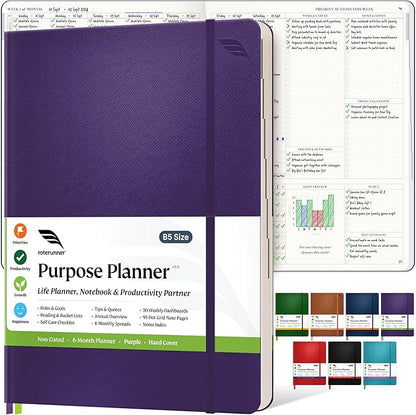 Purpose Planner Notebook B5 7.5”x9.8” Undated Daily Planner 2024-2025 Daily Weekly and Monthly Productivity Goal Setting Tool for Work Home ADHD Planner for Adults Self Care Journal (Purple Hardcover)
