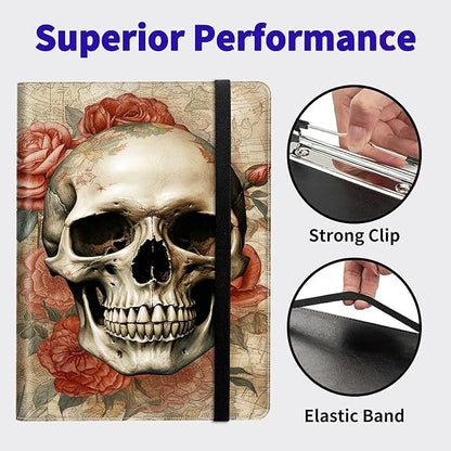 Skull Roses PU Leather Padfolio Clipboard Notepad with Pen Loop and Elastic Strap Interview/Resume Document Organizer for Business School Office