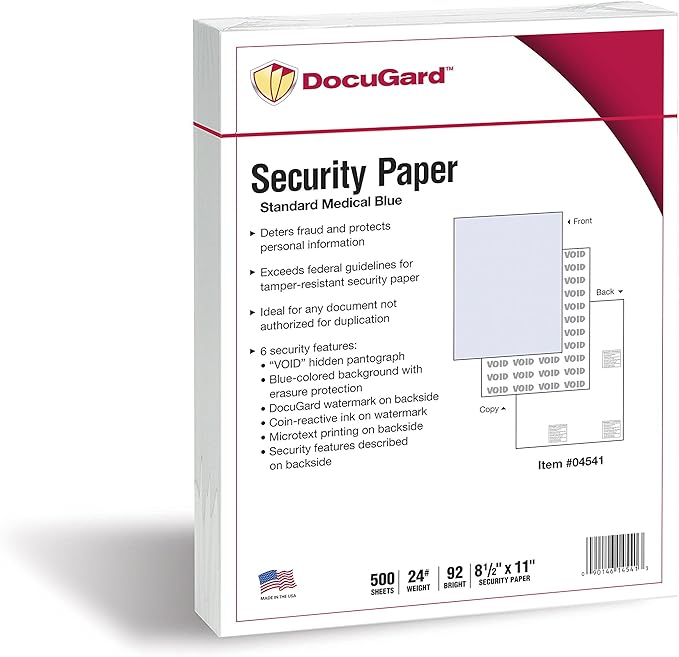 DocuGard Standard Medical Security Paper for Printing Prescriptions and Preventing Fraud, CMS Approved, 6 Security Features, Laser and Inkjet Safe, Blue, 8.5 x 11, 24 lb., 500 Sheets (04541)