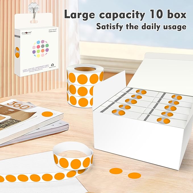 PARLAIM 3/4 Inch Roll Color Coding Labels,10000 per 10 Rolls Round Permanent Adhesive Color Coding Circle Dot Stickers for Office Home (Orange)