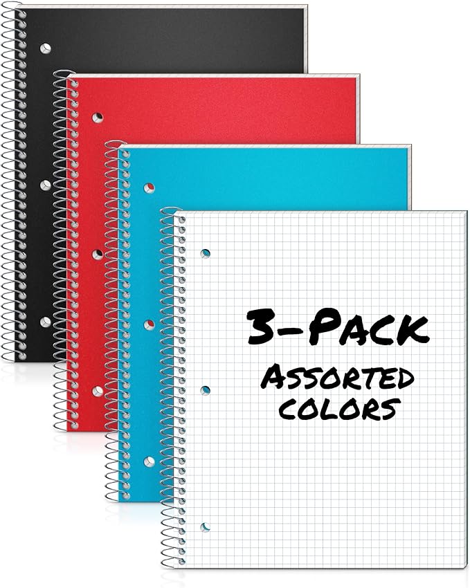 Dunwell Graph Paper Notebook 8.5 x 11 (3-Pack Red Blue Black) Plastic Cover, 100 Sheets (200 Pages), Perforated 3-Hole Punched, 4x4 Squares, Spiral Notebook, 1/4" Grid, Divider with Pockets