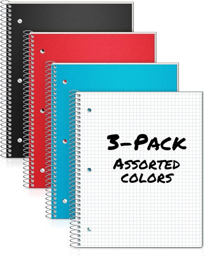 Dunwell Graph Paper Notebook 8.5 x 11 (3-Pack Red Blue Black) Plastic Cover, 100 Sheets (200 Pages), Perforated 3-Hole Punched, 4x4 Squares, Spiral Notebook, 1/4" Grid, Divider with Pockets