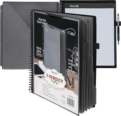 Samsill 10 Pocket Poly Organizer with 5 Dividers, File Folders Letter Size, Refillable Notepad, Customizable Front Cover, Erasable Write-On Tabs, Pen Loop, Plastic Folders with Pockets, Gray