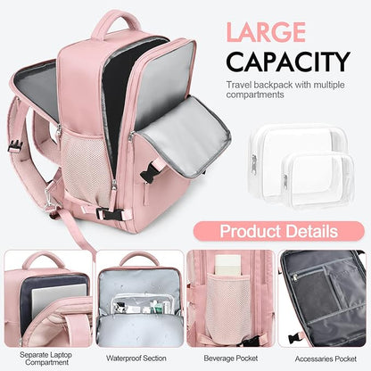 Travel Backpack for Women, TSA-Friendly Carry-on Backpack Bag Luggage Airline Approved, Personal Item Backpack for Work Business College, Travel Essentials, Pink