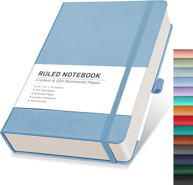 RETTACY Journaling Notebooks, A5 Lined Notebook Journal with 320 Numbered Pages, 5.7'' × 8.3'', Medium Size, Journal Notebook for Writing, Work, Leather Hardcover, 100 GSM Thick Paper (Light Blue)