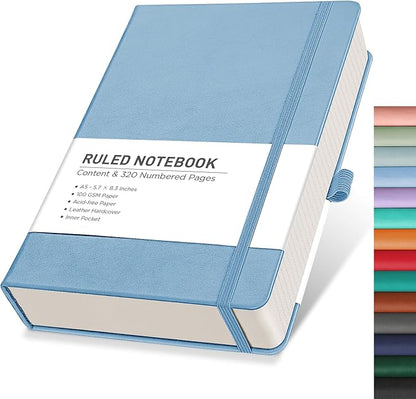RETTACY Journaling Notebooks, A5 Lined Notebook Journal with 320 Numbered Pages, 5.7'' × 8.3'', Medium Size, Journal Notebook for Writing, Work, Leather Hardcover, 100 GSM Thick Paper (Light Blue)