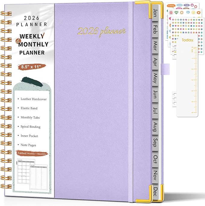 2026 Planner, Weekly and Monthly Calendar Planner from January 2026 - December 2026, 8.5" x 11" Hardcover Leather Hourly Appointment Book with Tabs, Spiral Daily Planners for College School Work Home, Purple