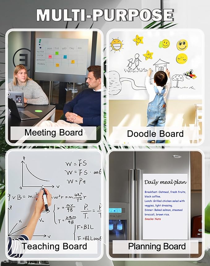 Magnetic Dry Erase Board, 16 x24 Inches Reusable White Board Sticker with Markers and Magnets, Whiteboard Wallpaper for Fridge and Wall, Dry Erase Paper for Kids, Kitchen, Office, Classroom