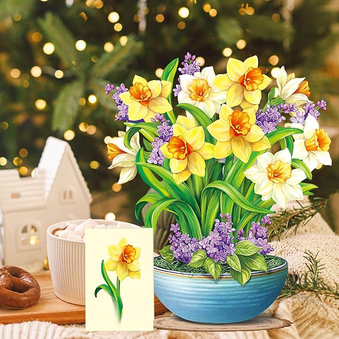 Airpark Pop Up Cards, 12‘’ English Daffodils, Paper Flowers Bouquet 3D Popup Greeting Cards with Blank Note Card and Envelope for Birthday, Get Well Cards Gifts for Women Her