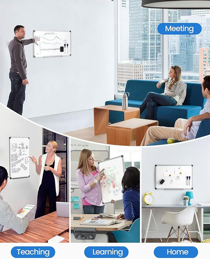 VUSIGN Magnetic White Board Kit for Wall 18" x 12", 1 Dry Eraser & 2 Multicolor Markers & 4 Magnetic Pins, Sliver Reinforced Aluminum Frame for Home, School, Office