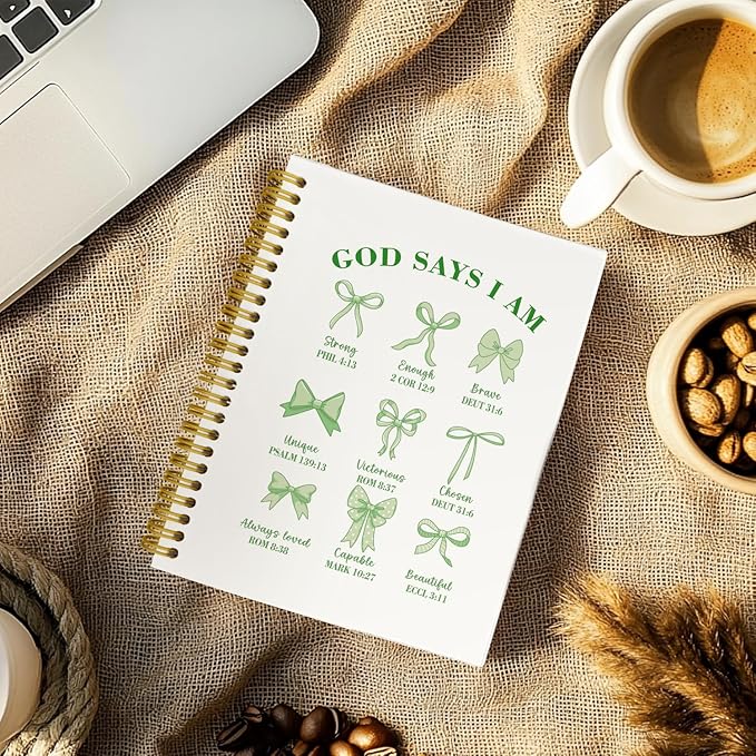 Coquette Green Bows Spiral Bible Notebook,Aesthetic Composition Notebook, God Says I Am Christian Scripture Prayer Journal for Women, Hardcover Spiral Notebooks College Ruled 5.5 x 8.3 (Green)