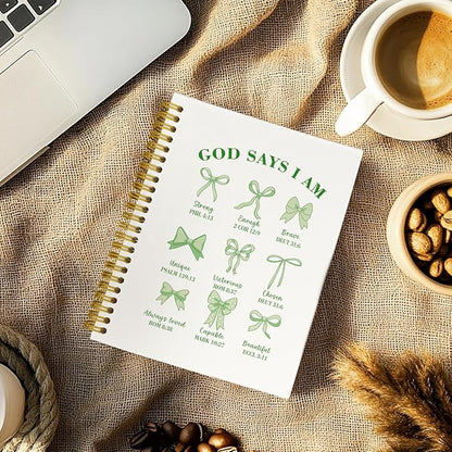 Coquette Green Bows Spiral Bible Notebook,Aesthetic Composition Notebook, God Says I Am Christian Scripture Prayer Journal for Women, Hardcover Spiral Notebooks College Ruled 5.5 x 8.3 (Green)