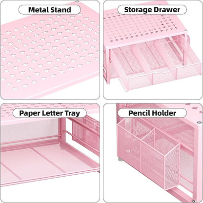 Marbrasse Metal Printer Stand for Desk with Storage Drawer and 2 Pen Holders, 2-Tier Desktop Organizer Printer Table for Home Office, Multi-Purpose Desk Organizer for Fax Machine Scanner Files(Pink)