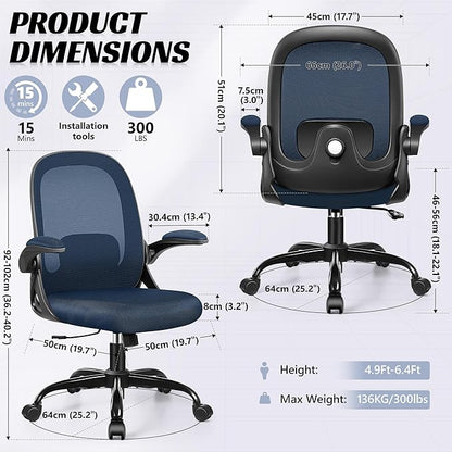 Office Chair Ergonomic Desk Chair with Adjustable 3D Lumbar Support and Height, Comfy Mesh Computer Chair with Flip-up Armrests, Swivel Rolling Task Chair with Wheels for Home Office (Navy)