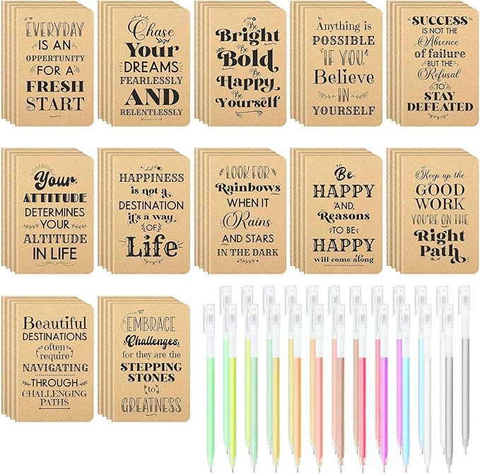 48 Pcs Mini Inspirational Notebooks Bulk with 48 Pcs Colorful Pens, Small Pocket Journal Notepads Set, Motivational Bulk Gifts for Women Men Teacher Student Kids, Fun School Office Supplies,3.5"x5.5"