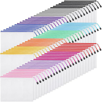 EOOUT 72pcs Mesh Zipper Pouch, A4 Size, 12 Colors Zipper Bags for Organizing Storage, Waterproof Puzzle Bag, Zipper File Bags for Board Games and School Office Supplies