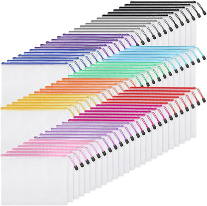 EOOUT 72pcs Mesh Zipper Pouch, A4 Size, 12 Colors Zipper Bags for Organizing Storage, Waterproof Puzzle Bag, Zipper File Bags for Board Games and School Office Supplies