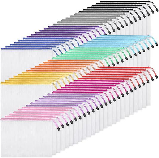 EOOUT 72pcs Mesh Zipper Pouch, A4 Size, 12 Colors Zipper Bags for Organizing Storage, Waterproof Puzzle Bag, Zipper File Bags for Board Games and School Office Supplies