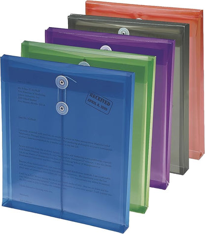 Smead Poly Envelope, 1-1/4" Expansion, String-Tie Closure, Top Load, Letter Size, Assorted Colors, 5 per Pack (89501)