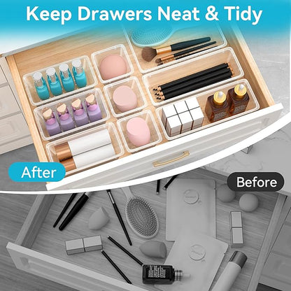 48 PCS Drawer Organizer Set, 4 Sizes Clear Plastic Makeup Vanity Organizer for Makeup, Stationery, Multiple Gadgets, Kitchen, Bathroom, Office, Bedroom