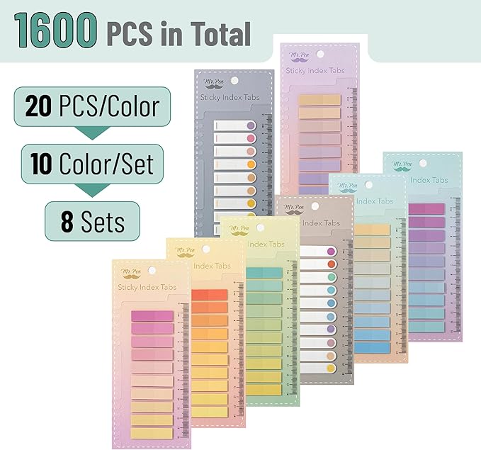 Mr. Pen- Sticky Tabs, 1600 Pcs, Colorful Book Tabs, Transparent Sticky Tabs for Books, Sticky Note Tabs, Page Markers Tabs, Book Markers, Page Tabs, Book Tabs for Annotating Books, Book Sticky Tabs