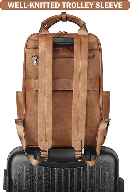 MASINTOR Leather Laptop Backpack for Women, Stylish Computer Backpack College Business Work Shoulder Bags Work and Travel Mocha Brown
