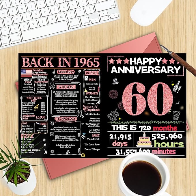 Joycard 60th Anniversary Card for Women, Diamond Wedding Card for Wife, Sweet Marriage Decorations Gifts for Couple, Perfect for Her on Anniversary Day, Back in 1965