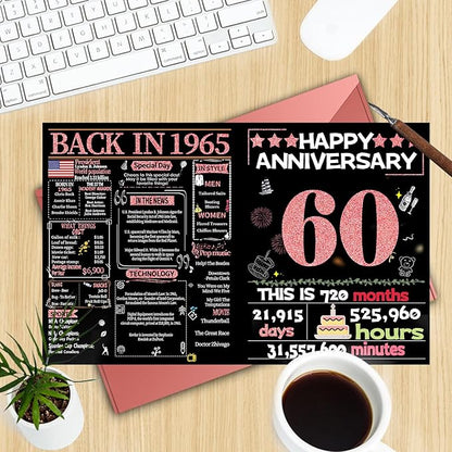 Joycard 60th Anniversary Card for Women, Diamond Wedding Card for Wife, Sweet Marriage Decorations Gifts for Couple, Perfect for Her on Anniversary Day, Back in 1965