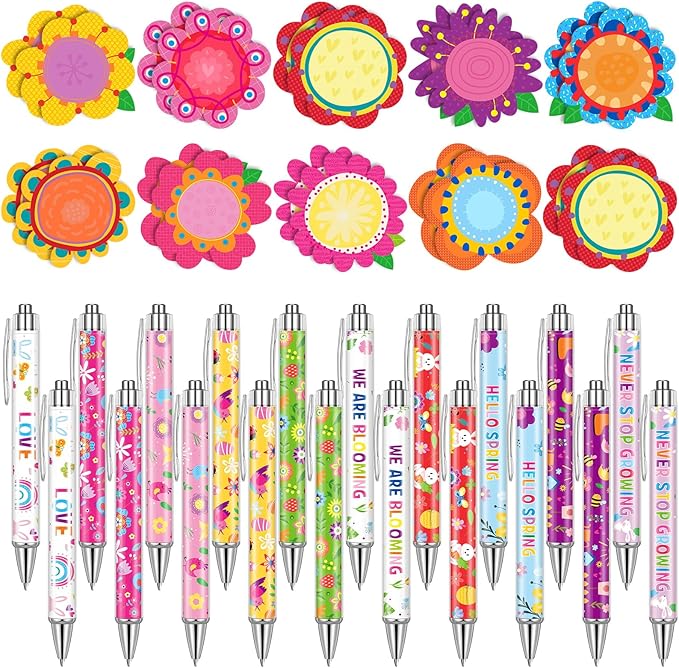 Geyee 80 Pcs Flower Theme Sticky Notes and Pens Set, Floral Memo Pads Colorful Flower Ballpoint Pens Foral Party Gift Supplies for Student Classroom School Theme Birthday Party Gift Favors