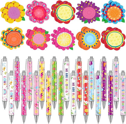 Geyee 80 Pcs Flower Theme Sticky Notes and Pens Set, Floral Memo Pads Colorful Flower Ballpoint Pens Foral Party Gift Supplies for Student Classroom School Theme Birthday Party Gift Favors